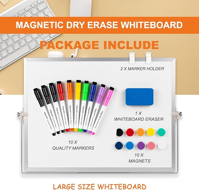 Dry Erase White Board, 16 x 12 inch Double-Sided Desktop Whiteboard with Stand, 10 Markers, 10 Magnets and 1 Eraser, Portable Double-Sided Dry Erase Board for Drawing, School, Office and List Wall