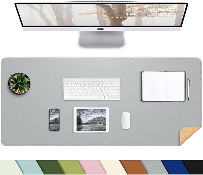 AFIING Cork Desk Mat 35.4" x 17", Dual-Sided Natural Cork & PU Leather Desk Pad, Non-Slip Waterproof Large Mouse Pad for Office, Home & Gaming, Light Grey