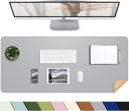 AFIING Cork Desk Mat 35.4" x 17", Dual-Sided Natural Cork & PU Leather Desk Pad, Non-Slip Waterproof Large Mouse Pad for Office, Home & Gaming, Light Grey