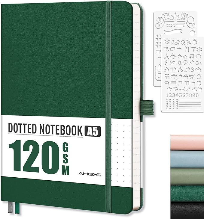 AHGXG Dotted Journal - Dot Grid Notebook Journal, 120 GSM Thick Acid-Free Paper, A5 Dotted Notebook 160 Pages, Leather Hardcover, Inner Pocket, Journal Stencil, 5.7'' × 8.3'', Dark Green