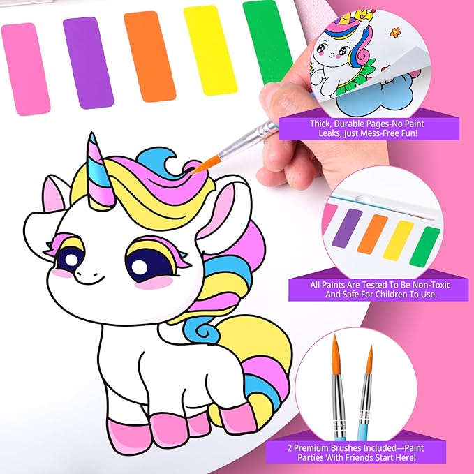 Fenmay Paint with Water Coloring Books for Kids, Mess Free Watercolor Paint Sets with 2 Premium Brushes, Arts and Crafts Birthday Gift for Kids Age 3-5 4-8, Travel Activities Toy (Unicorn)