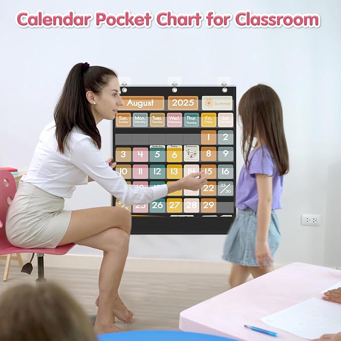48 Pockets Classroom Calendar for Kids Learning, Pocket Chart Calendar Decor with Special Educational Cards, Teacher and Classroom Must Have Supplies, Boho