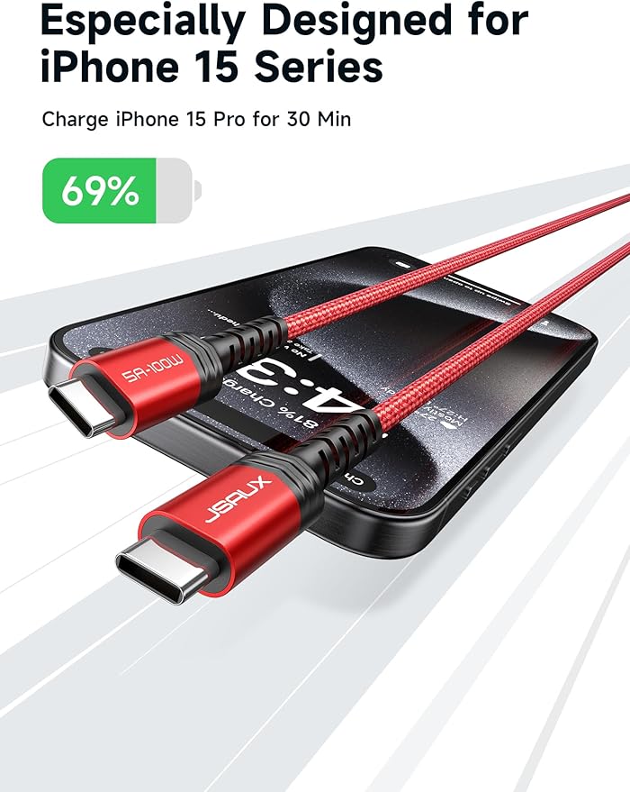 JSAUX 100W USB C to USB C Cable for iPhone 17, USBC Type C Charge Cord 5A Fast Charging Compatible with iPhone 17 Air 16 15 Pro Max Samsung Galaxy S25 S24 MacBook iPad Pro Carplay (2-Pack, 10ft) Red