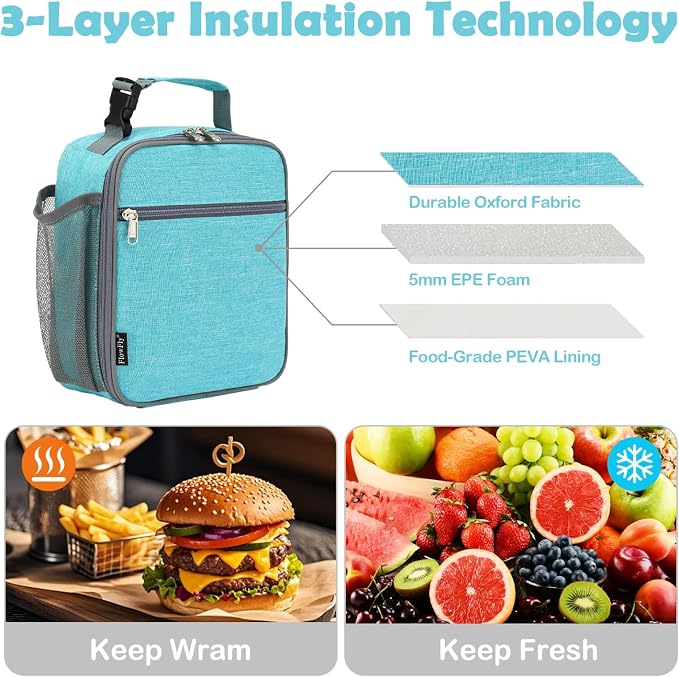 FlowFly Kids Lunch box Insulated Soft Bag Mini Cooler Back to School Thermal Meal Tote Kit for Girls, Boys, Sea Blue