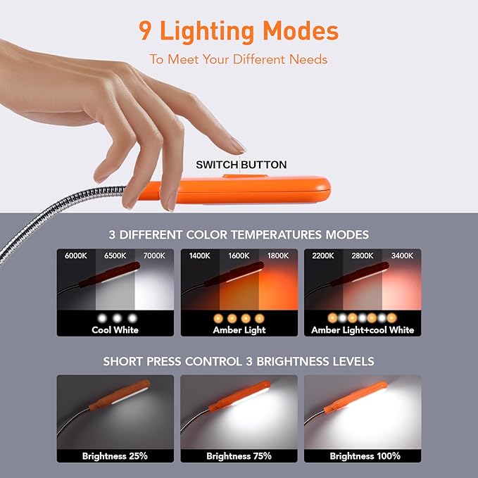 VAVOFO Rechargeable Book Light, Blue Light Blocking, Amber 1600K Clip On Reading Light, Eye Care 7 LEDs Kids Book Light for Reading in Bed with Power Indicator for Bookworms (Neon Orange)