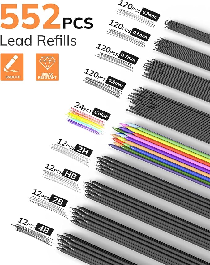 Four Candies 27PCS Mechanical Pencil Set with Case, Art supplies with Metal Pencil 0.3, 0.5, 0.7, 0.9 mm & 2PCS 2mm (HB 2H 2B 4B Color) with 552 Lead Refills, Technical Drawing Kit for Teen & Adults