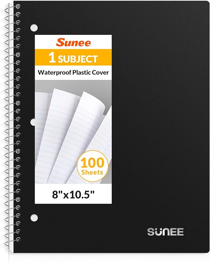 SUNEE Spiral Notebook, 1-Subject, College Ruled Paper, 8" x 10-1/2", 100 Sheets per Notebook, 3-Hole Punched Paper, Water Resistant Cover, Double-sided Pockets, Spiral Lined Notebooks for Work, Black