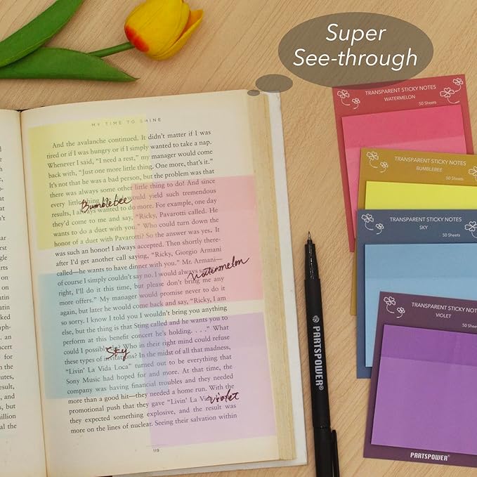 PARTSPOWER Super Transparent Sticky Notes, Jewel Tones 4 Packs 3X3 Inch See Through Annotating Sticky Notes for Annotating, Bible Study Supplies, Office School Supplies - Hot Kisses Series