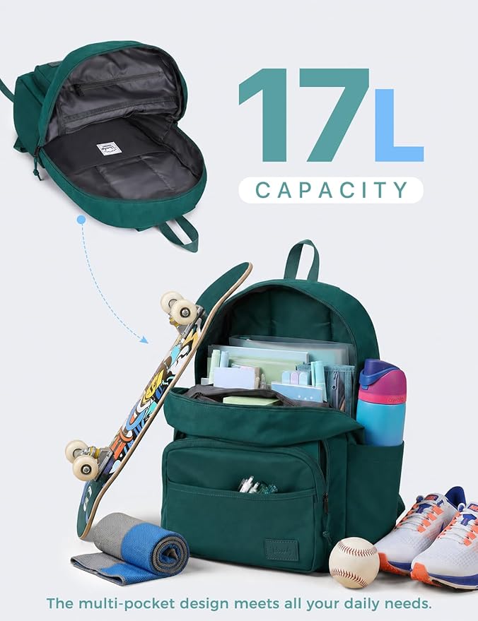 VASCHY School Backpacks, Lightweight Bookbag Schoolbag for Boys Girls Casual Basic Simple Daypack for Men Women Dark Green