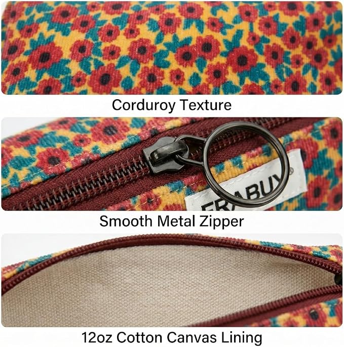 Soft Corduroy Pencil Case Pen Pouch Organizer, Small Stationery Bag | Cute red flower zipper pencil pouch, smooth zipper, daily cosmetics holder, compact organizer for school teen girls, women