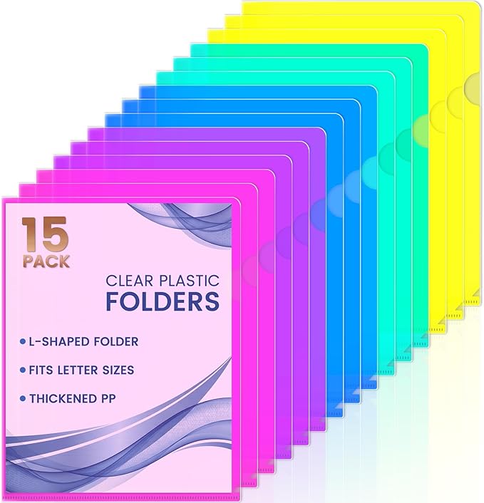 Sooez 15 Pack Clear Document Folder, Plastic Sleeves for Paper 8.5 x 11, Plastic File Folders Paper Sleeves Protector, Heavy Duty Poly File Jacket Sleeves Pocket Folder Cover,5 Assorted Colors
