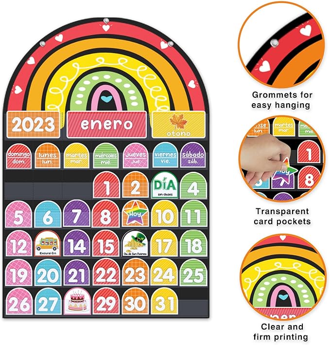 Rainbow Design Calendar Pocket Chart for Classroom & Home with 96 Activity Cards -Educational and Learning Calender Skills (Spanish)