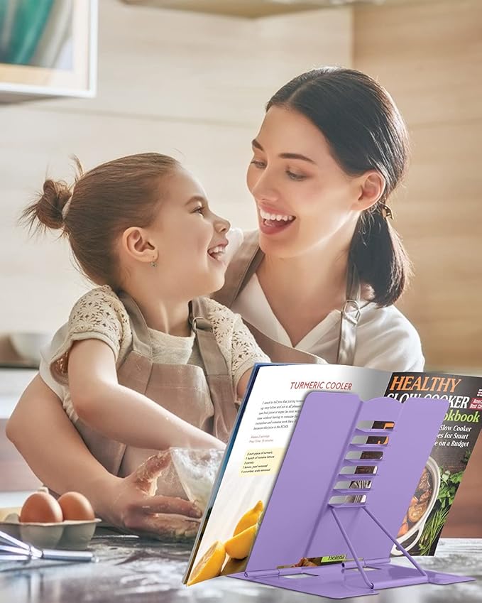 MSDADA 2PC Different Design Desk Book Stand Metal Reading Rest Book Holder Adjustable Cookbook Documents Holder Portable Sturdy Bookstand for Recipes Textbooks Tablet Music Books(Purple+Purple)