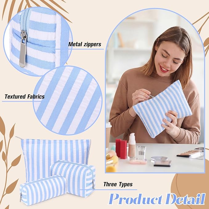 Huhumy 3 Pcs Makeup Bag Set Cute Cosmetic Pouch for Women Aesthetic Seersucker Travel Toiletry Bag Set Preppy Small Makeup Purse Pouch Wide Stripe Cosmetic Organizer Pencil Case with Zipper(Blue)
