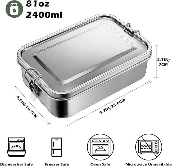 Leonyo 81oz 18/10 Stainless Steel Lunch Box for Adults, 2400ml Metal Bento Box with Divider, Leak-Proof Lunch Food Containers for Woman Man, Dishwasher Safe, Oven Safe Except for Lid