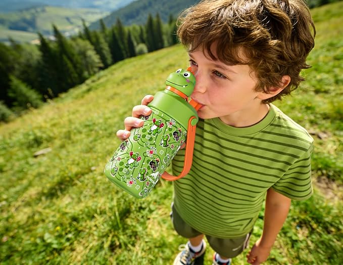 POWCAN Kids Water Bottle for School: 2-in-1 Straw Spout Lid with Soft Animal Head, Leakproof, Backpack Friendly, Keep Cold 24H, Insulated cup for Sports, Playground, Holiday Gift, Cowboy Rex 12 Ounces