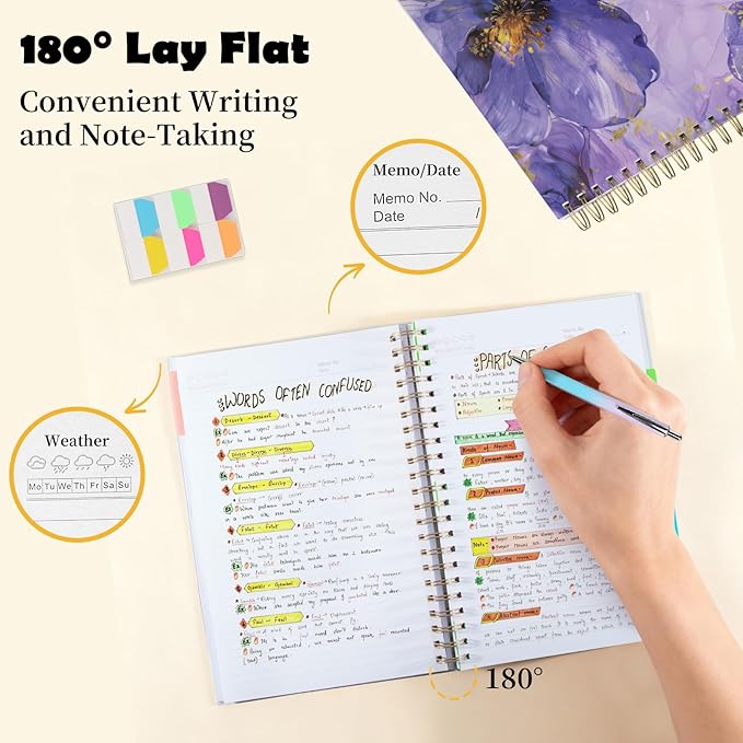 5 Subject Notebook College Ruled, A5 Spiral Notebook with Removable Pocket Dividers Tabs, Lined Organizer Notebook Journal for Women, 240 Pages Notebooks for Work School Note Taking, Purple Floral