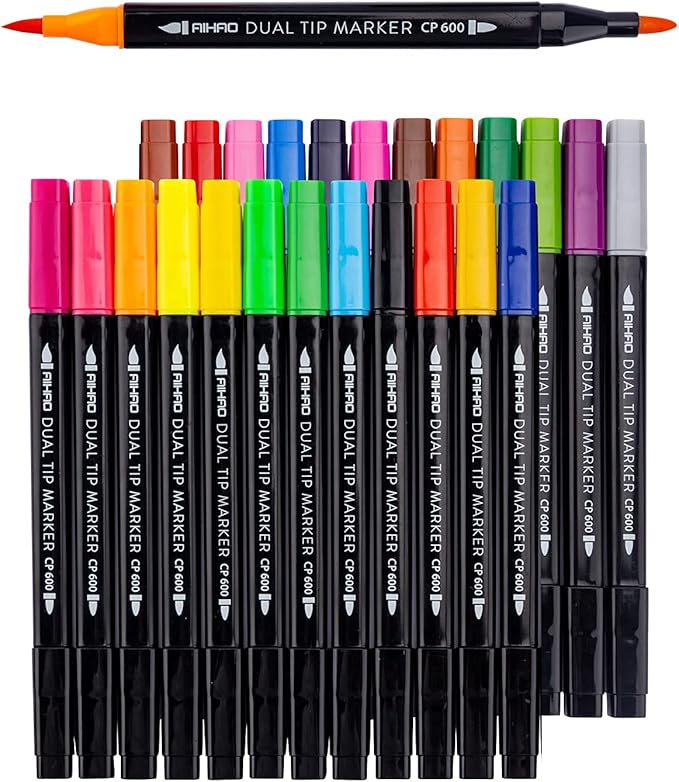 Markers for Kids,Washable Markers With Stand Portable Box,Dual Tip Set, Brush & Fine Tips, 24 Pack, Art Supplies for Coloring, Doodling, Sketching, Drawing, Journaling