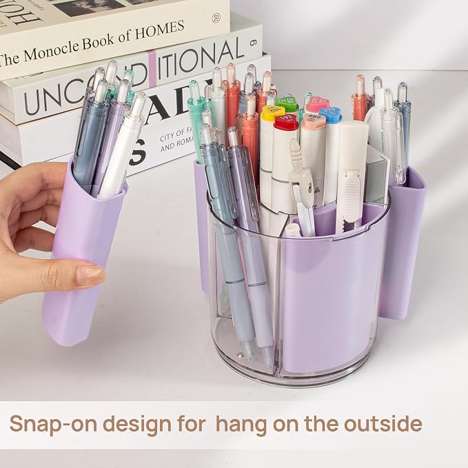 360° Rotating Pen Holder for Desk Adjustable Pencil Organizer, Purple | Plastic Pen Cup for Women Cute Office Supplies and Accessories Desktop Storage Box Art Caddy for School, Work, Home