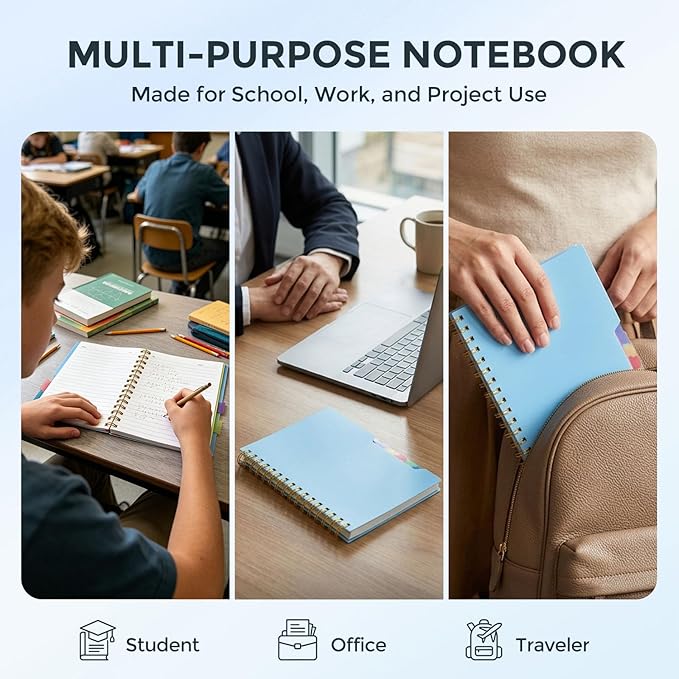Koogel Spiral Notebook with Tabs, 5 Subject Spiral Notebook College Ruled with Removable Dividers, 200Pages Lined Journals for Women Journals Note Taking Work School Gifts, 5.8x8.3 Inch, Blue