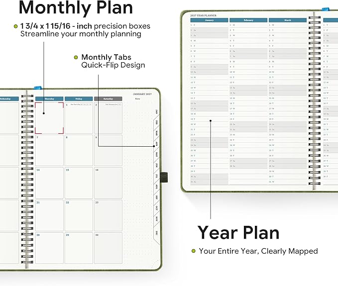 2026-2027 Planner, Daily Weekly Monthly Academic Planner, 18 Months Spiral Bound Agenda, 8.5"x11.5", Vertical Layout, Calendar Planner, Vegan Leather Soft Cover,Green