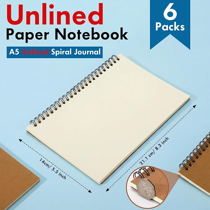 Epakh 6 Pack Spiral Notebooks A5 Bulk Back to School Hardcover Spiral Journal Notebook 5.5 x 8.3 Inch, First Day of School Journal Paper Notebook for Writing, 50 Sheets 100 Page (Unlined,Brown)