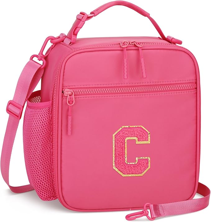 Initial Insulated Lunch Bag for Girls Kids, Back to School Gift, Reusable Leak-proof Lunch Box with Adjustable Strap for School Daycare Travel Picnic (Rosy Red,C)