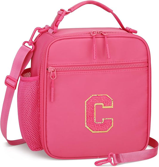 Initial Insulated Lunch Bag for Girls Kids, Back to School Gift, Reusable Leak-proof Lunch Box with Adjustable Strap for School Daycare Travel Picnic (Rosy Red,C)