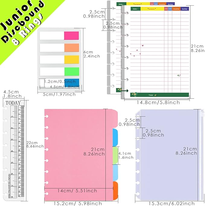 Rancco Junior Budget Planner Refills, 180 Pages 8 Rings Punched Half Letter Financial Paper Inserts w/Index Tabs, Index Dividers, Loose-Leaf Bag, Ruler For Circa, Arc, TUL, Happy Planner, 5.5x8.5"