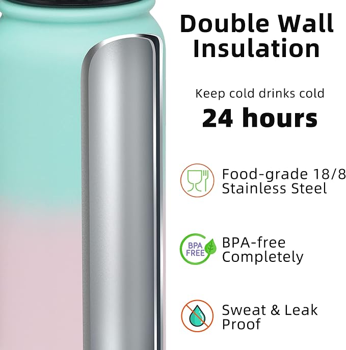 Fanhaw 32 oz Insulated Stainless Steel Water Bottle with Anti-Dust Chug Lid, Leakproof Vacuum Sports Bottle for Kids, Teens & Adults, Back to School Essentials (Green Pink)