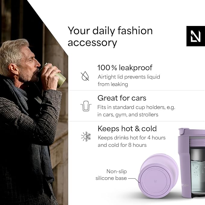 LARS NYSØM Thermo Coffee Mug to go 13oz | Travel Mug 0.38 Liter with Insulation | Silicone grip base | Leak Proof Stainless Steel Tumbler for Coffee and Tea on the Go (Powder Purple, 13oz)