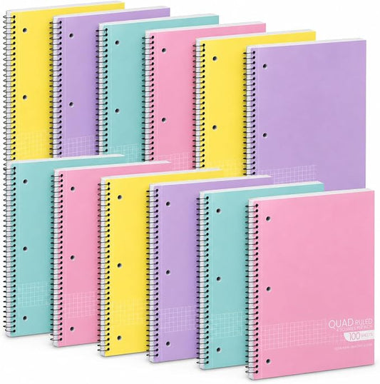 Graph Paper Spiral Notebook - Graph Paper Notebook, Quad Ruled Grid Notebooks, Perforated Pages - 10.5 X 8 Inches - 1 Subject Wirebound Notebook - Assorted Colors - 100 Sheets per Book - (12 Pack)