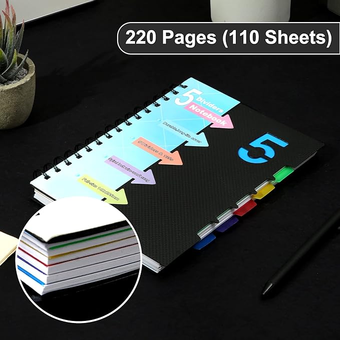 CAGIE 2 Pack 5 Subject Notebook with Dividers 220 Pages Spiral Notebooks with Tabs 6x8 A5 Spiral Bound Journal for Note Taking Work School Supplies, Wide Ruled, Black