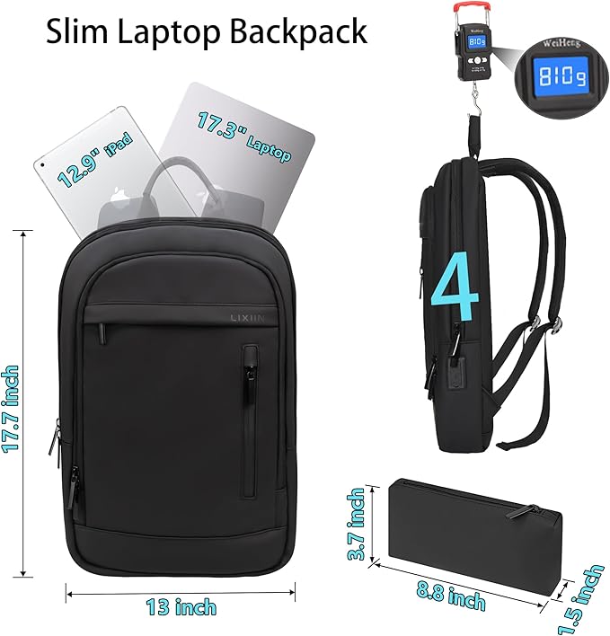 Business Backpack for Men Lightweight Commute Laptop Backpack Anti-Theft Water Resistant Backpack for 17.3 Inch Computer for Daily Office Work with Small Bag (Black,17.3")