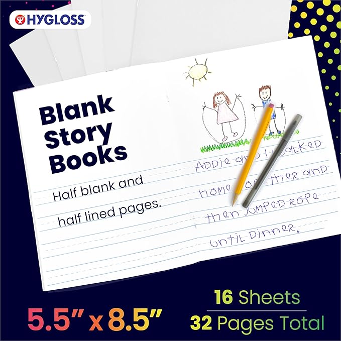Hygloss Half Blank Books for Kids to Write Stories & Illustrate – Bulk 6 Pack – 5.5" x 8.5" A5 – Primary Journal for Grades K-2, Preschool/Kindergarten Notebook with Picture Space – 24 Pages, White