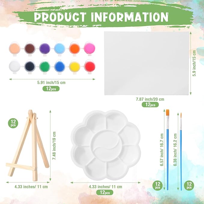Qilery 12 Set Canvas Painting Kit, Mini Canvas with Wooden Easels Acrylic Paints Strips, Brushes, Palette, Art Set for Acrylic Oil Watercolor Adults Birthday Party Favors(6 x 8 Inch)