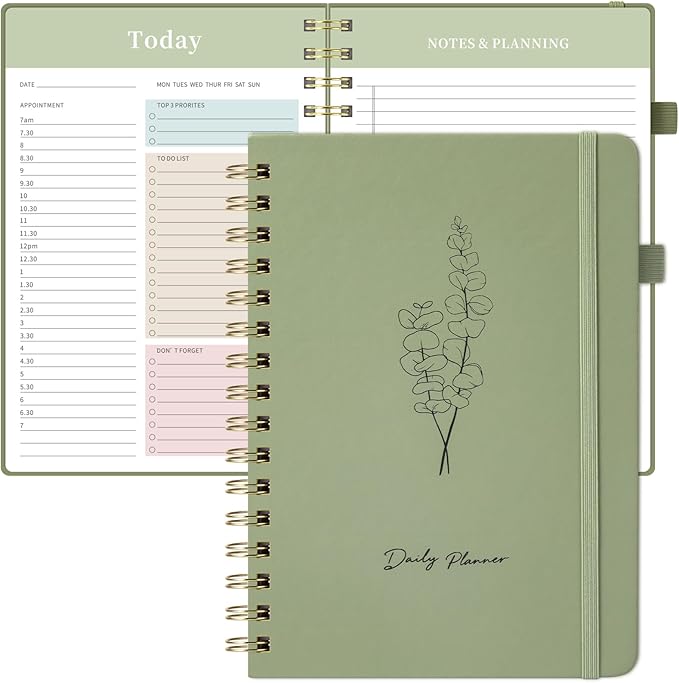 Oucaru Undated Daily Planner, A5 Spiral Notebook with Hourly Schedule, To Do List, Priorities, and Notes for Productivity - Easily Organize Your Tasks, Appointments & Goals for Women