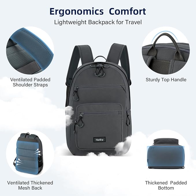 HanTrip 18 Inch Carry on Travel Backpack with Lots of Pockets, Dark Gray | 15.6 Inch Laptop Sleeve, Luggage Strap, Water Bottle Pocket, 28 Liters, Lightweight, Water Resistant, 18x14x8 Medium Bookbag