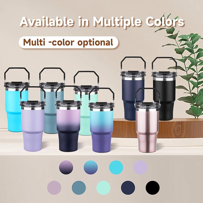 20oz Tumbler with Handle and Flip Straw Lid Double Wall Insulated Travel Coffee Mug Stainless Steel Vacuum Insulated Coffee Tumbler Cup for Hot and Cold Beverages Leak-proof&BPA-free（20oz,Rose gold）