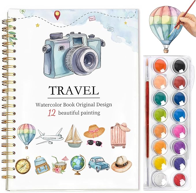Easy Watercolor Workbook for Beginners - 12 Beautiful Step-by-Step Paintings Water Coloring Book, Includes 16 Colors Paints, Relaxing Art Projects and Creative Gift for Adults & Teen (Travel)