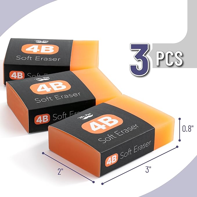 Mr. Pen- Extra Large Soft Erasers, 3" x 2", 3 Pack, 4B Rubber Rectangular Pencil Erasers for Kids, School, Students Office, Art and Drawing, Smudge-Free