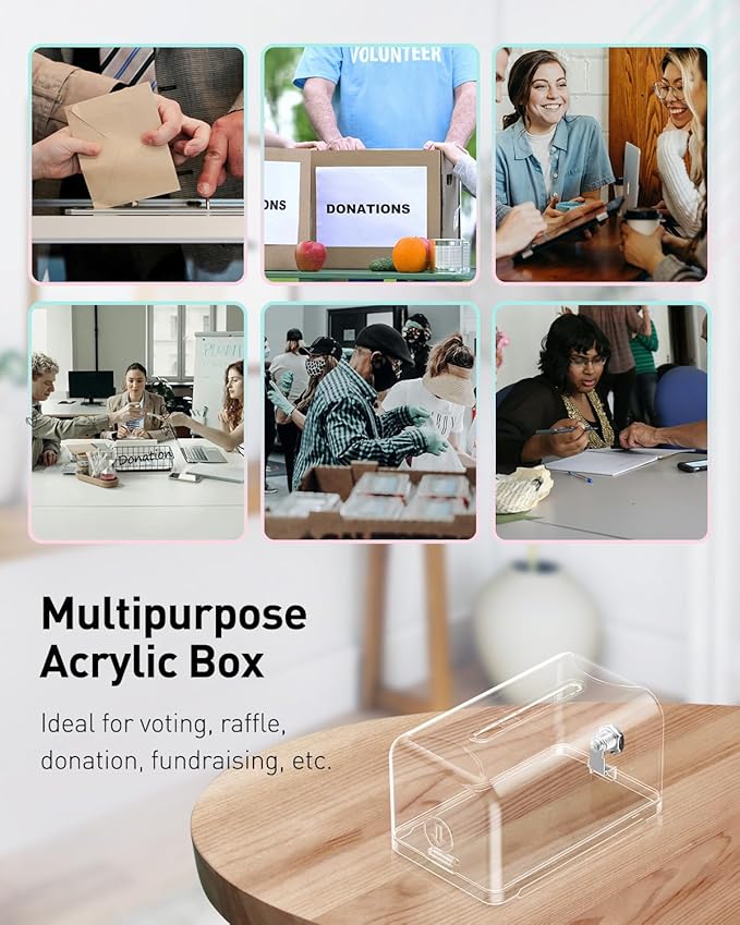 Uniclife 2 Pack Acrylic Donation Boxes for Fundraising, Clear Suggestion Box with Slot and Lock, Desktop Ballot Box Tip Jar, Plastic Storage Container for Voting Comment Collection, 7.3" x 4.5" x 3.9"