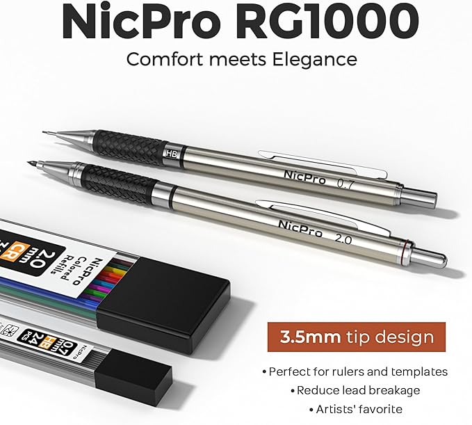 Nicpro 6PCS Art Mechanical Pencil Set, 3PCS Metal Drafting Pencil 0.5 mm & 0.7 mm & 0.9 mm & 3PCS 2mm Lead Pencil Holder (4B 2B HB 2H Colors) For Sketching Drawing With Lead Refills Erasers Case