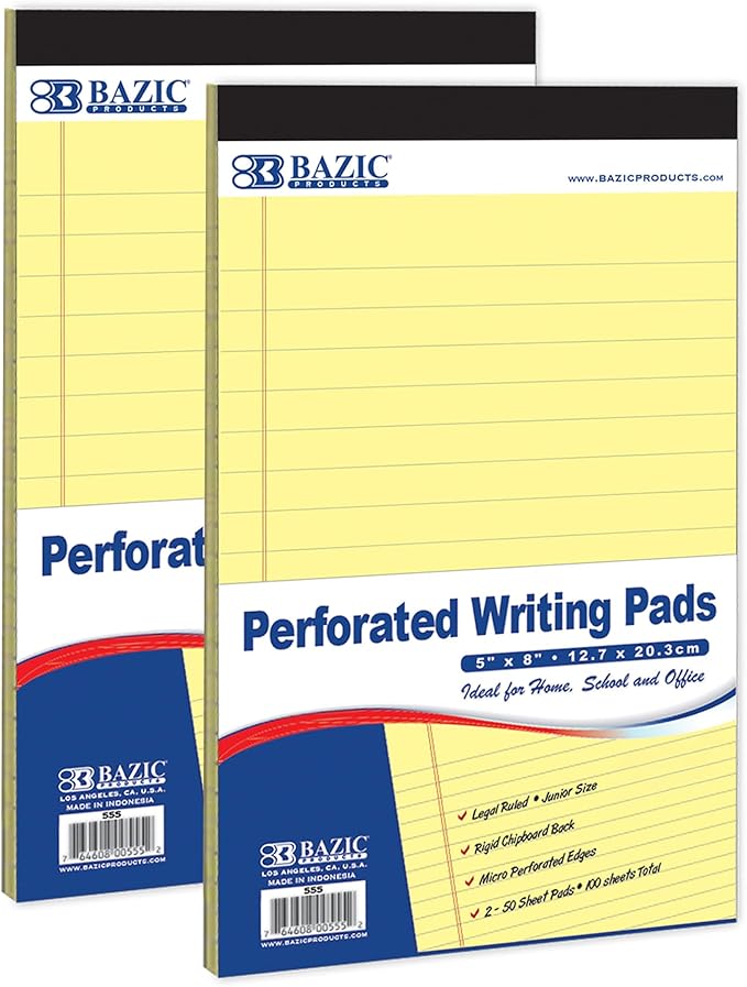 BAZIC PRODUCTS Perforated Writing Pad, 50 Sheets 5x8 Inch, Lined Ruled Memo Writing Pads Note Paper for Office School Student, Total 2 Count [Office Product] [Office Product]