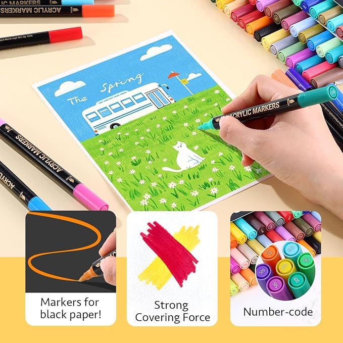 WINSONS 72 Colors Acrylic Paint Marker, Dual Tip and Dual Colors Acrylic Paint Pens for Stone, Wood, Canvas, Ceramic, Metal, Glass, Rock Painting, DIY Crafs Art Supplies (72 Colors)