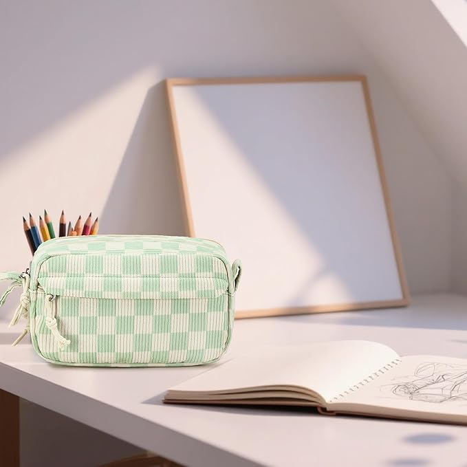 Bluboon Big Capacity Pencil Case Pencil Pouch Pen Case School Supplies Cute Pencil Box Pencil Bag for Teen Girls Boys Women Man (Green White Checkered)