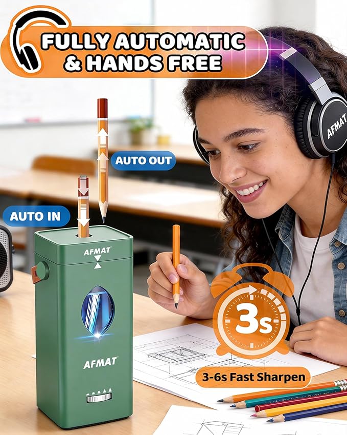 AFMAT Electric Pencil Sharpener, Rechargeable & Cordless, Fully Automatic Pencil Sharpener for Classroom, Auto in & Out, 5 Sharpness Modes, Heavy Duty Sharpeners for 6-12mm No.2/Jumbo Pencils PSC7