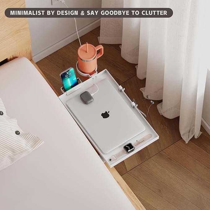 Magheo Bedside Shelf Foldable, Metal Clip-On Bed Shelf for Top Bunk Heavy Duty Bed Side Table Tray for College Dorm Essentials, Loft Nightstand Organizer Tray with Removable Cup & Phone Holder(White)