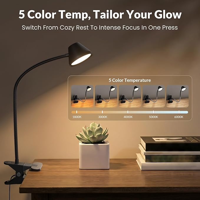 LEPOWER Clip on Light, 7W Reading Lights for Books in Bed with 5 Colors & Stepless Dimming, RG0 Eye-Care, Amber Glow Light & Auto Timer, Strong Clamp with Adapter for Headboard, Bedside, Desk, Black