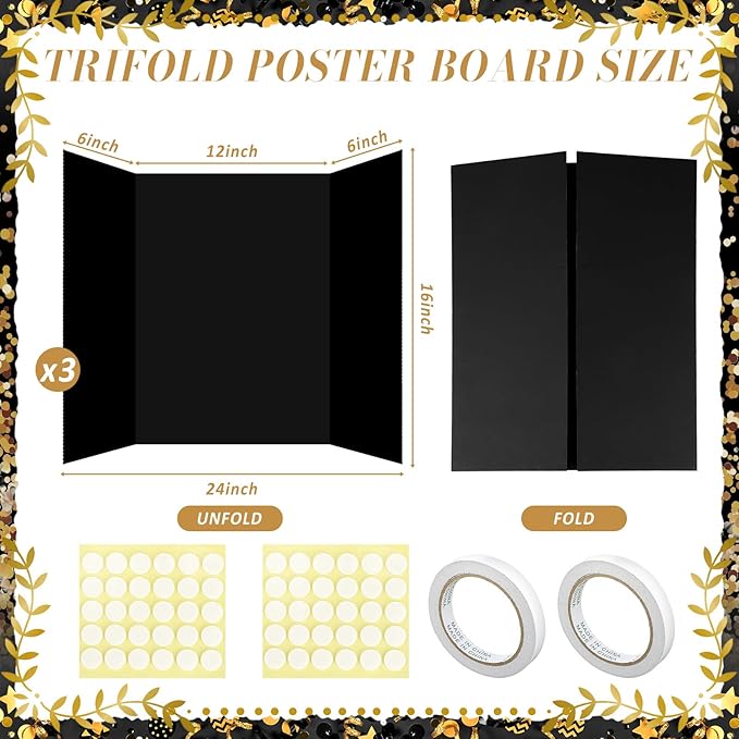 Colarr 3 Pack Graduation Photo Display Board Large Graduation Season Trifold Poster Board 24" x 36" Black Trifold Poster Photo Display for Class of 2026 Grad Party Picture Frames for Table